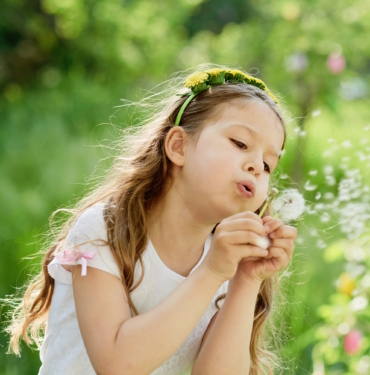 girl blowing dandelions flower selective focus. Allergy season.