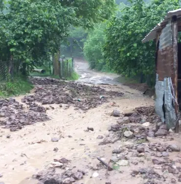 YAĞIŞ SONRASI MAHALLE YOLU ULAŞIMA KAPANDI YAĞIŞ İLE GELEN TAŞ VE ODUN PARÇALARI YOLU KAPLADI