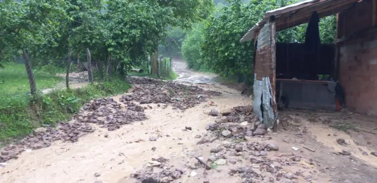 YAĞIŞ SONRASI MAHALLE YOLU ULAŞIMA KAPANDI YAĞIŞ İLE GELEN TAŞ VE ODUN PARÇALARI YOLU KAPLADI