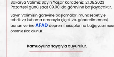 SAKARYA VALİLİĞİ'NE ATANAN YAŞAR KARADENİZ'İN İSTEĞİ TAKDİR TOPLADI TEBRİK İÇİN ÇİÇEK GÖNDERİLMESİ YERİNE AFAD'IN DEPREM HESAPLARINA BAĞIŞ YAPILMASINI İSTEDİ