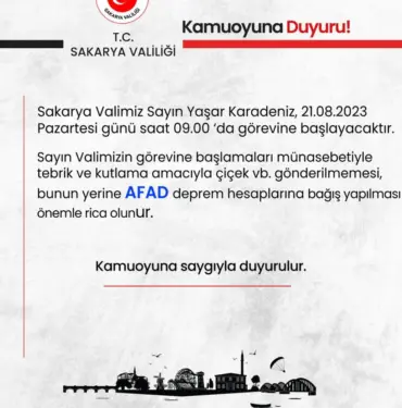 SAKARYA VALİLİĞİ'NE ATANAN YAŞAR KARADENİZ'İN İSTEĞİ TAKDİR TOPLADI TEBRİK İÇİN ÇİÇEK GÖNDERİLMESİ YERİNE AFAD'IN DEPREM HESAPLARINA BAĞIŞ YAPILMASINI İSTEDİ