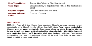 SAKARYA'DA ZİRAİ DON UYARISI