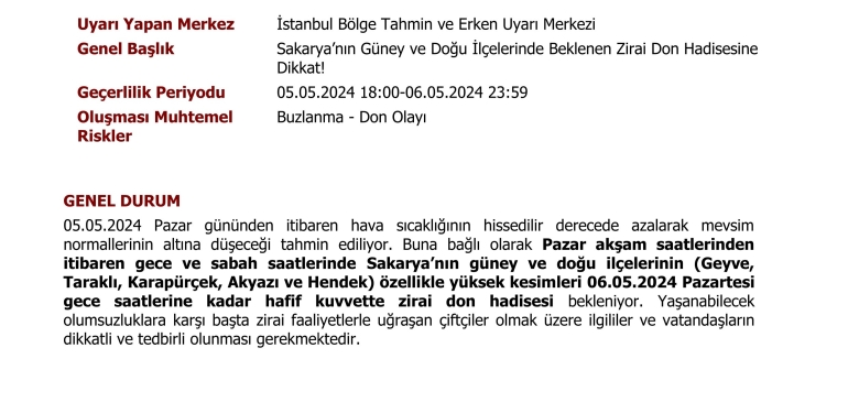 SAKARYA'DA ZİRAİ DON UYARISI
