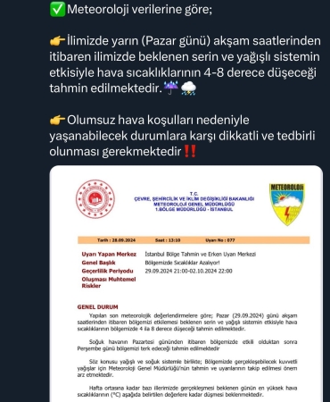 METEOROLOJİ VE SAKARYA VALİLİĞİ UYARDI: SICAKLIKLAR DÜŞÜYOR, YAĞIŞ GELİYOR
