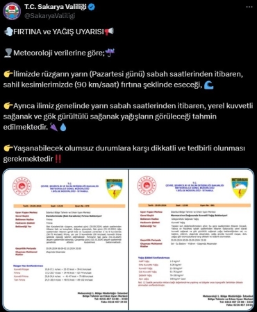 SAKARYA'DA FIRTINA VE SAĞANAK YAĞIŞ UYARISI