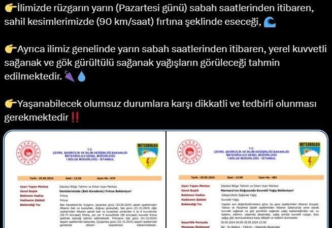 SAKARYA'DA FIRTINA VE SAĞANAK YAĞIŞ UYARISI