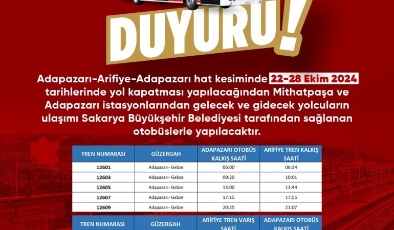 Adapazarı-Arifiye tren hattı Adaray için 22-28 Ekim tarihlerinde bakıma alınıyor;  Ada ekspresi yolcularını Arifiye’ye Büyükşehir ücretsiz taşıyacak