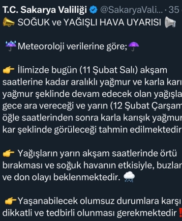 SAKARYA'DA SOĞUK VE YAĞIŞLI HAVA UYARISI