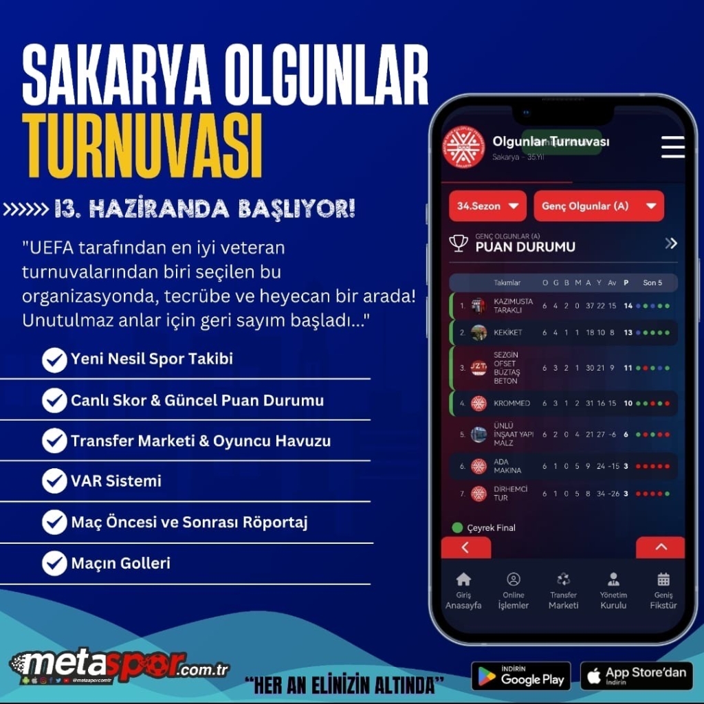 🎉 SAKARYA OLGUNLAR TURNUVASI 🏆 35. Geleneksel Turnuva 13 Haziran’da Başlıyor!