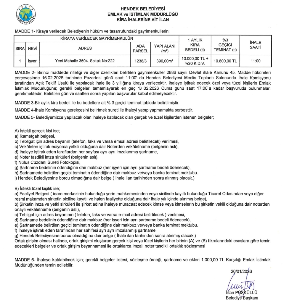 HENDEK BELEDİYESİNDEN İHALE DUYURUSU